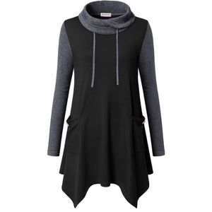 Bulotus Women's Long Sleeve Cowl Neck Asymmetrical Hem Tunic Tops Black Gray XL